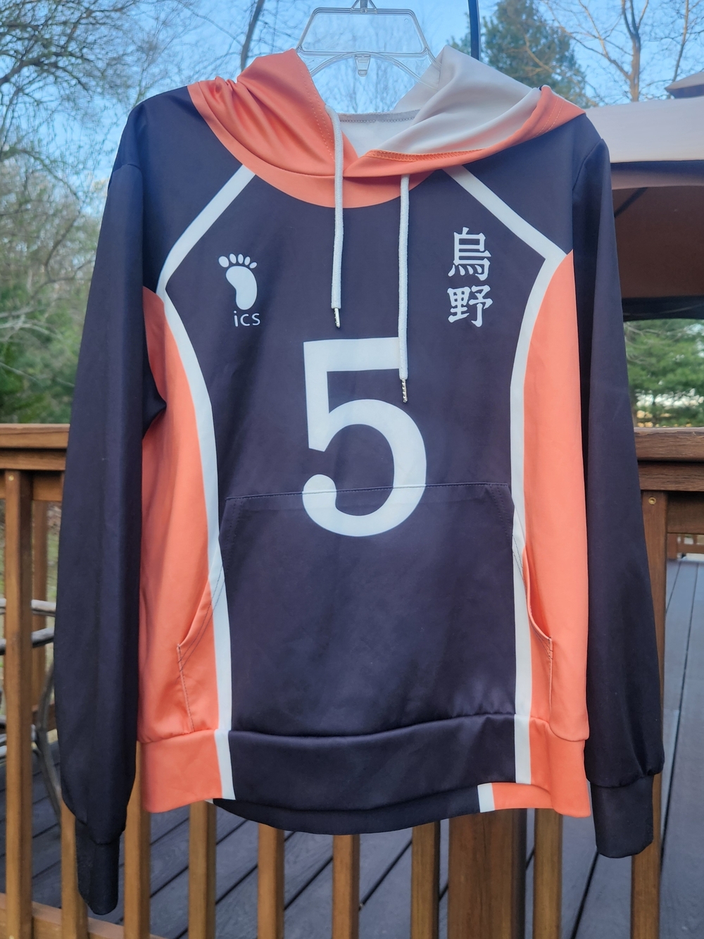 Haikyuu Cosplat Volleyball Hoodie in Black and Coral - Number 5 Womens Small